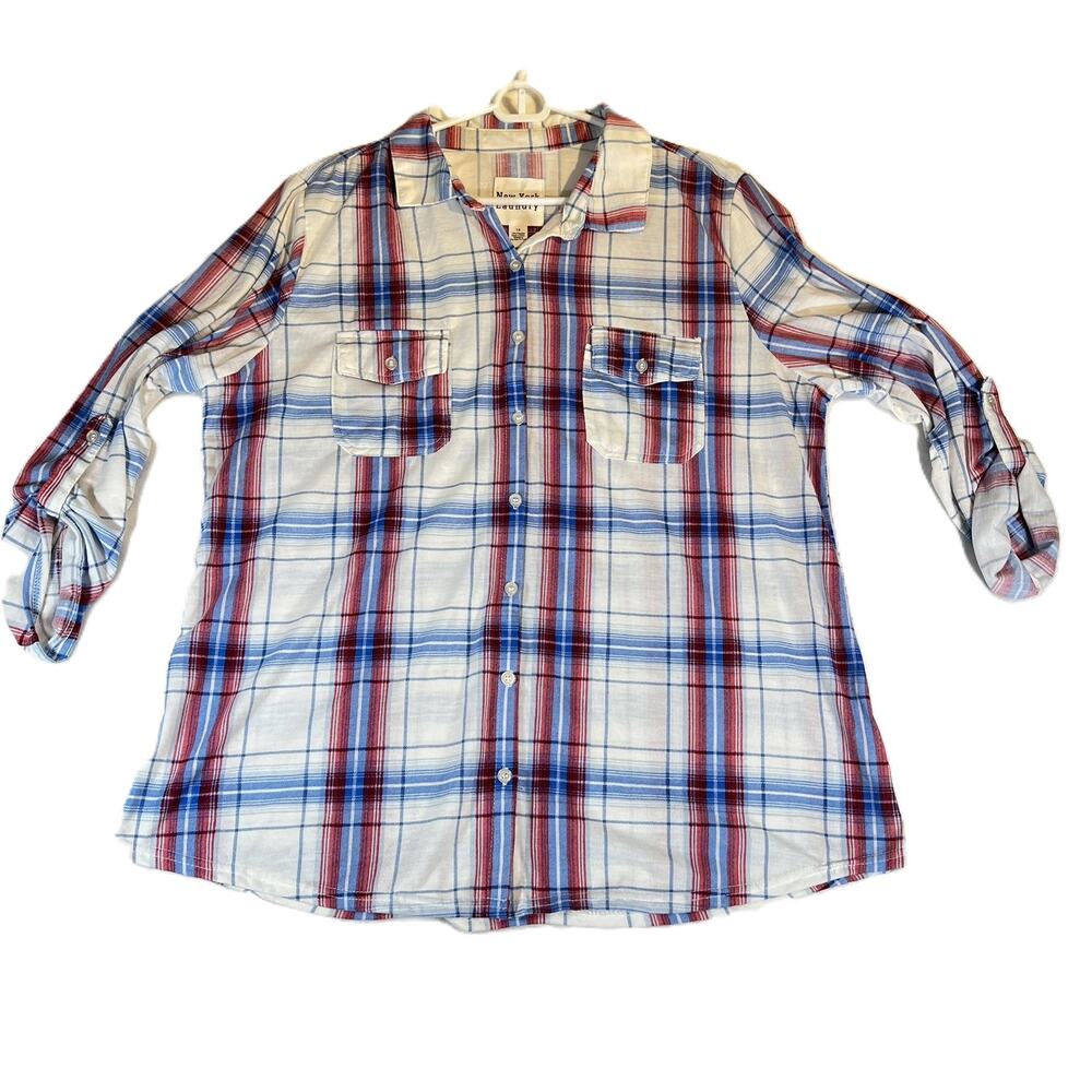 New York Laundry Button Flannel Shirt Woman's 1X Roll Tab Sleeves Botton Pockets